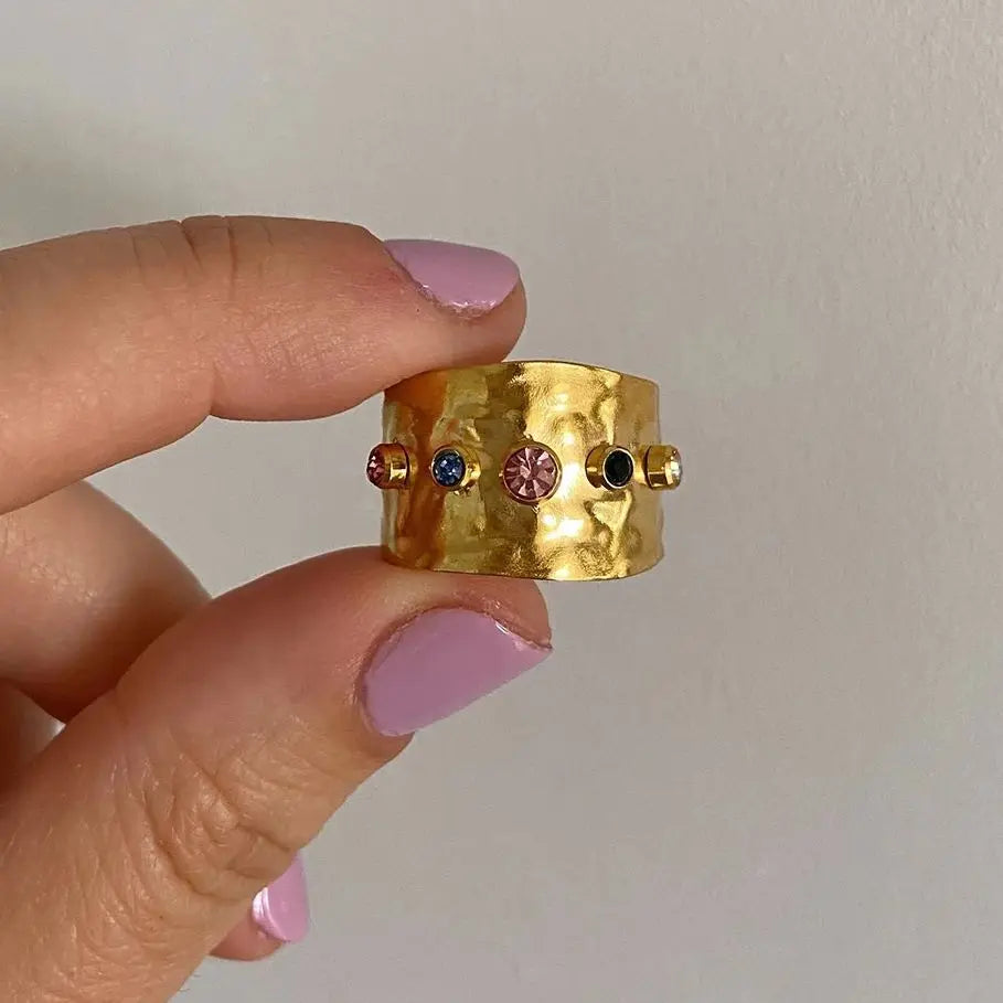 Uworld-Colorido Zircão Cúbico Banda Larga para Mulheres, Jóias de Aço Inoxidável, Impermeável Banhado a Ouro 18K, Anéis de Declaração, CZ Cristal