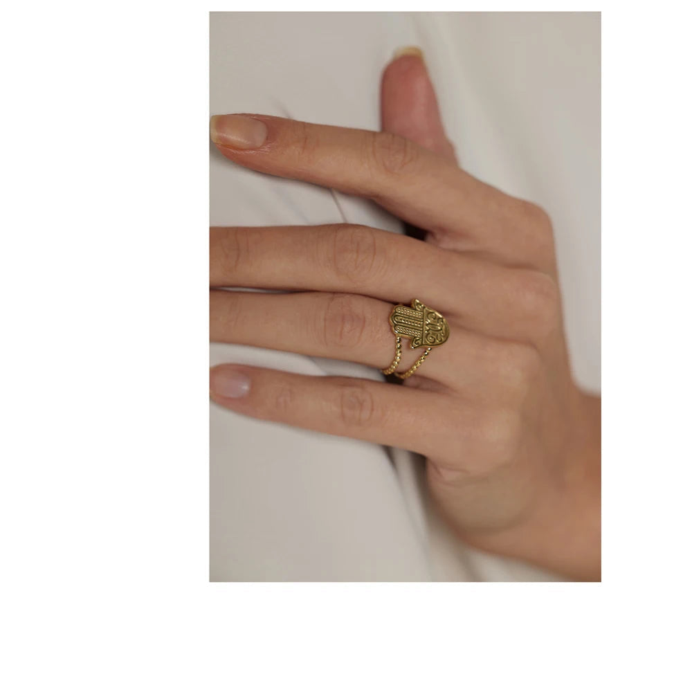 Yhpup-Anel de abertura de palma em aço inoxidável para mulheres, anel de metal em ouro 18 k