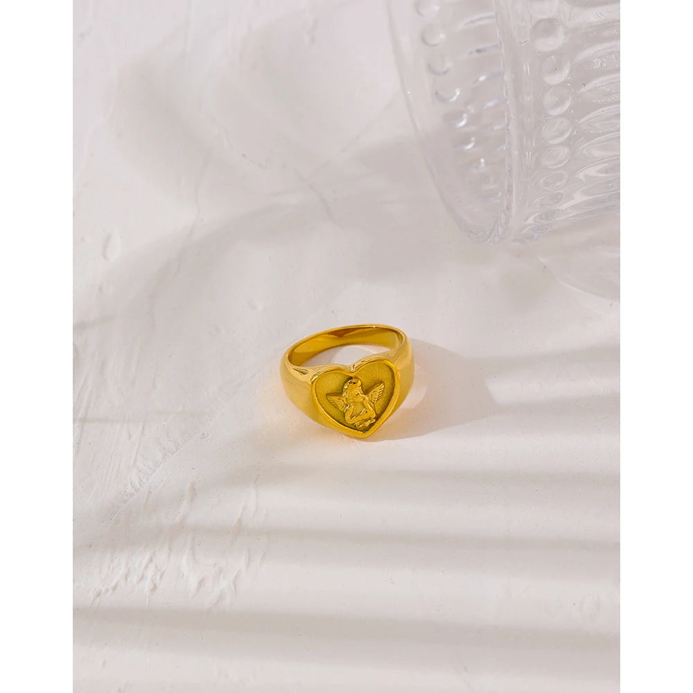 Yhpup-Anel de anjo impermeável para mulheres, coração romântico, aço inoxidável, metal, chapeado 18 K, presente de aniversário, moda