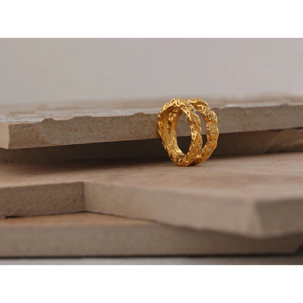 Yhpup anéis redondos de aço inoxidável para mulheres, textura dourada, metal banhado a 18 k, joias da moda, bagues despeje, presente feminino