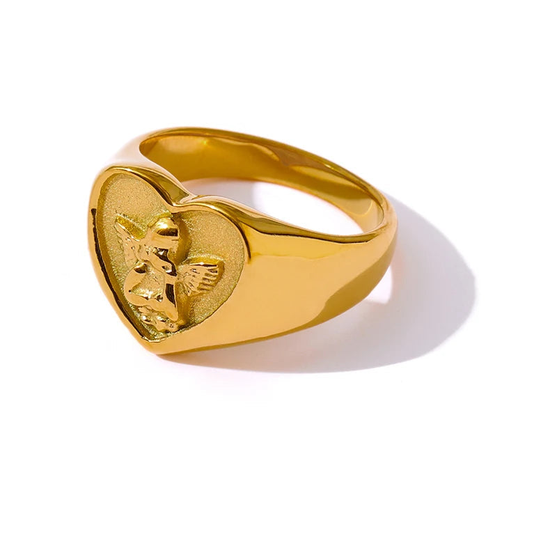 Yhpup-Anel de anjo impermeável para mulheres, coração romântico, aço inoxidável, metal, chapeado 18 K, presente de aniversário, moda