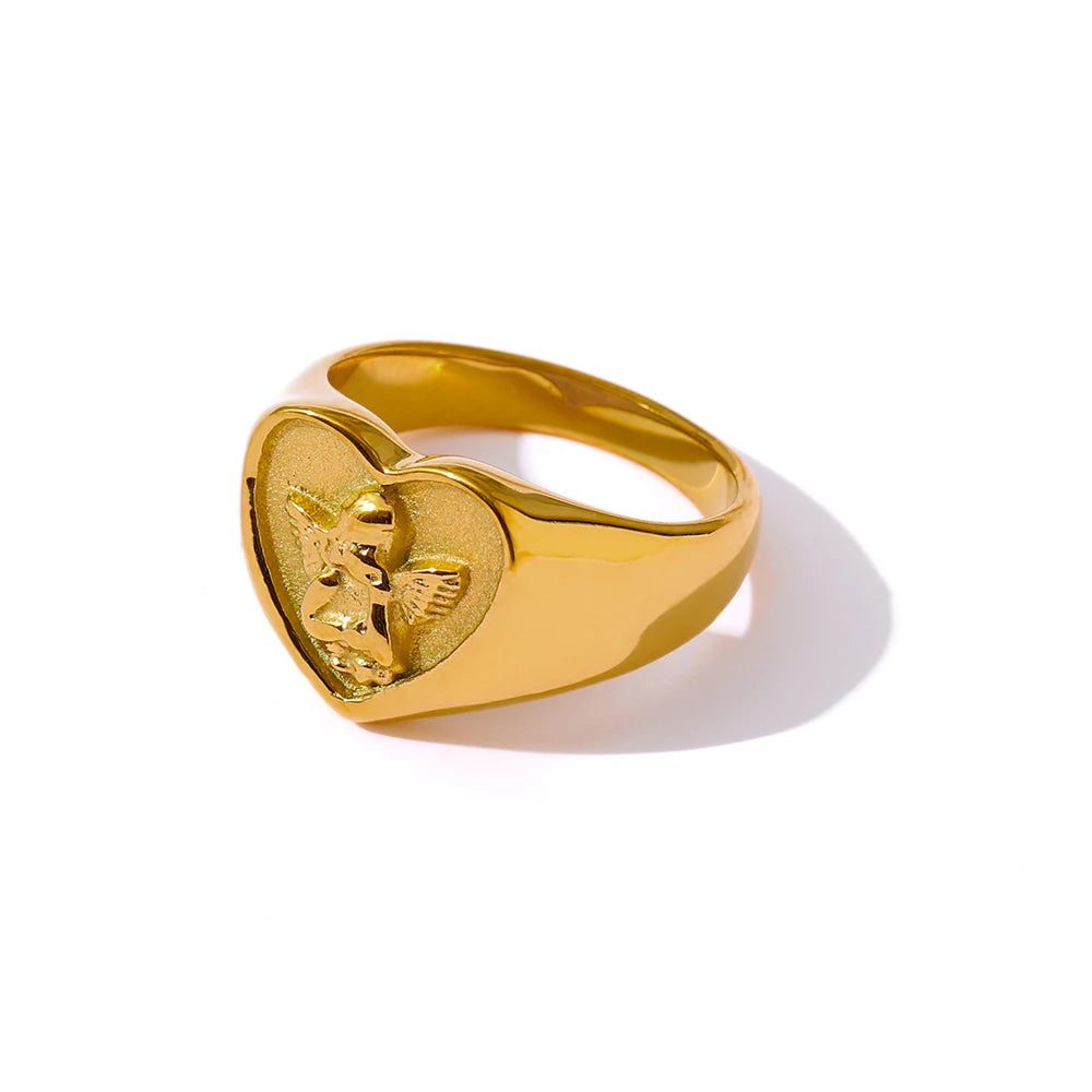Yhpup-Anel de anjo impermeável para mulheres, coração romântico, aço inoxidável, metal, chapeado 18 K, presente de aniversário, moda