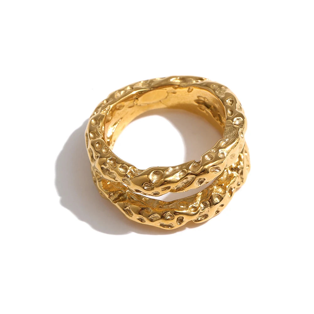 Yhpup anéis redondos de aço inoxidável para mulheres, textura dourada, metal banhado a 18 k, joias da moda, bagues despeje, presente feminino