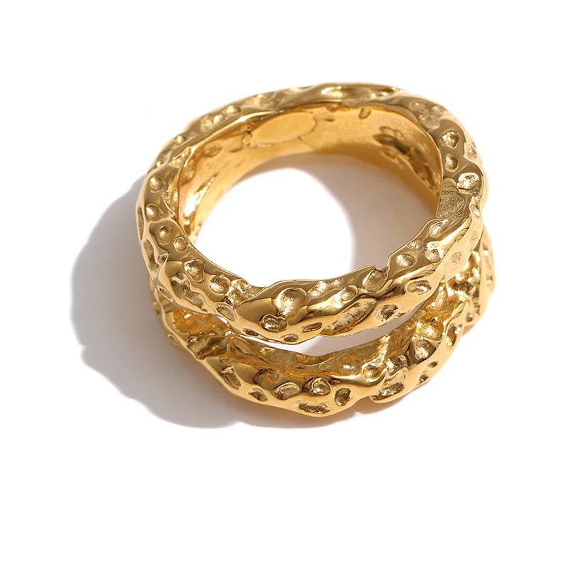 Yhpup anéis redondos de aço inoxidável para mulheres, textura dourada, metal banhado a 18 k, joias da moda, bagues despeje, presente feminino