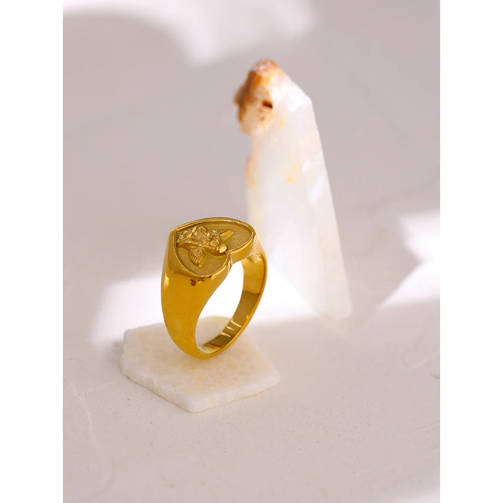 Yhpup-Anel de anjo impermeável para mulheres, coração romântico, aço inoxidável, metal, chapeado 18 K, presente de aniversário, moda