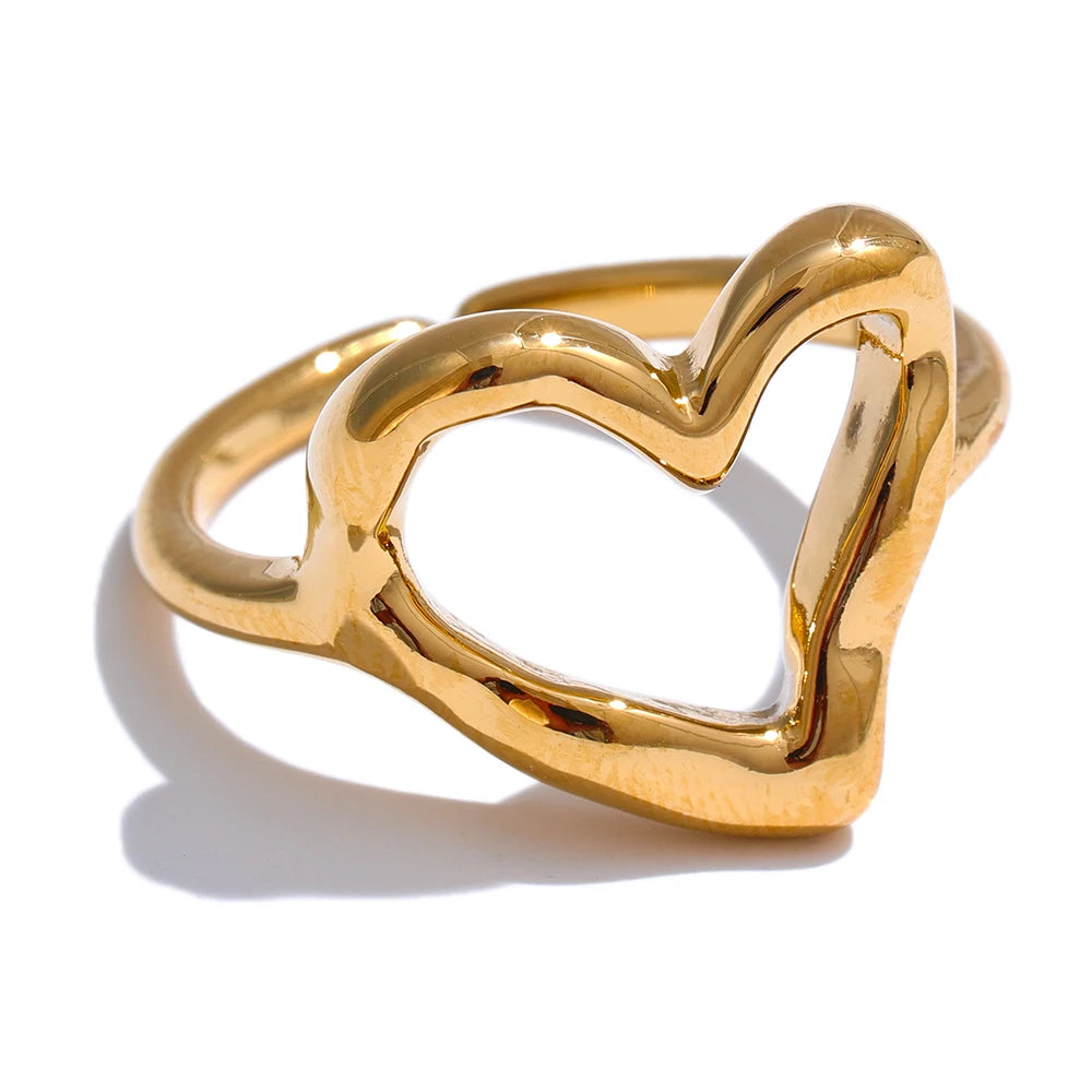 Yhpup minimalista aço inoxidável coração amor oco anel ajustável feminino à prova de ferrugem charme dedo jóias atacado bijoux