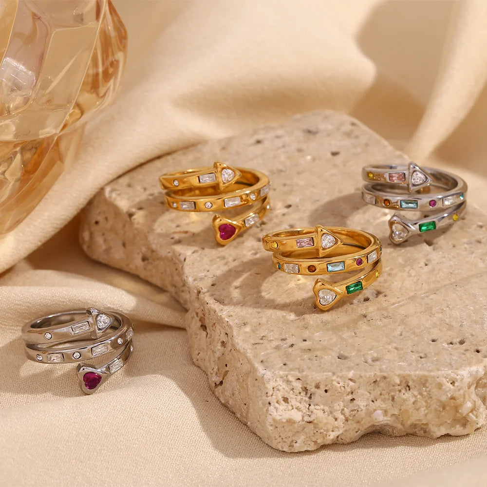 E.B. Belle-Three Layer Coração e Seta Zircon Anel Aberto, Jóias em Aço Inoxidável 316L, Acessórios Banhados a Ouro 18K