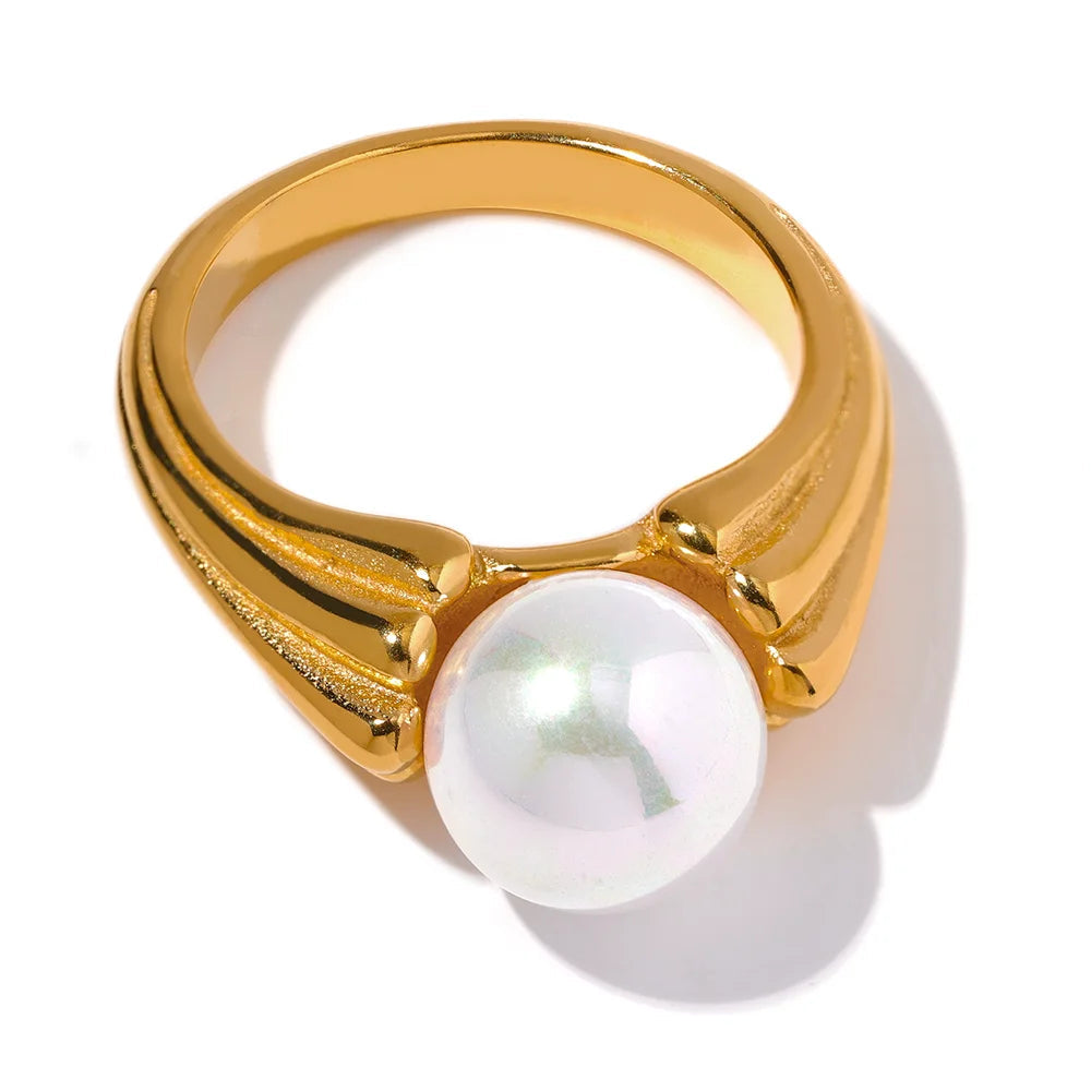 Yhpup-Anel de Pérola de Aço Inoxidável para Mulheres, Amuleto de Ouro 18k, Joia Vintage Elegante, Presente de Gala