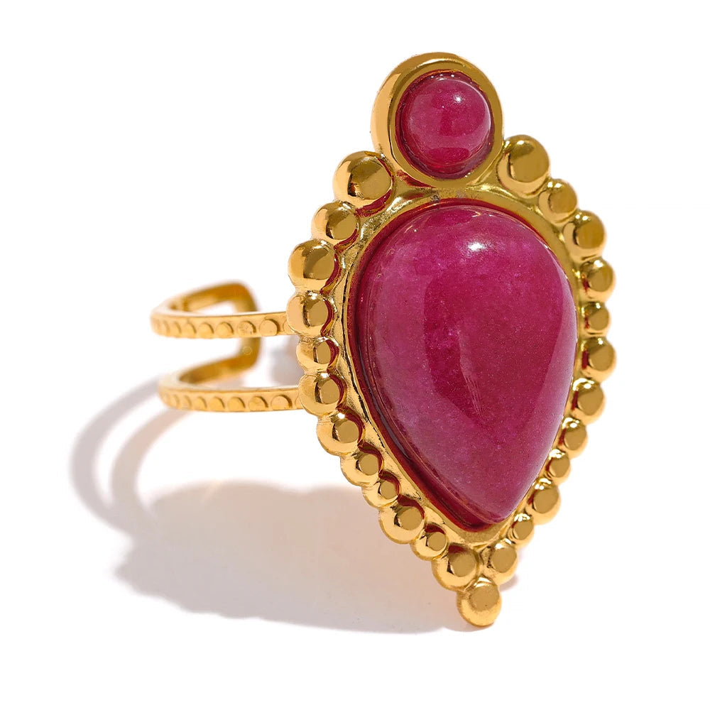 Yhpup-Anel Aberto de Aço Inoxidável para Mulheres, Pedra Natural, Ágata Artificial, Banhado a Ouro 18K, Jóias Moda Impermeável