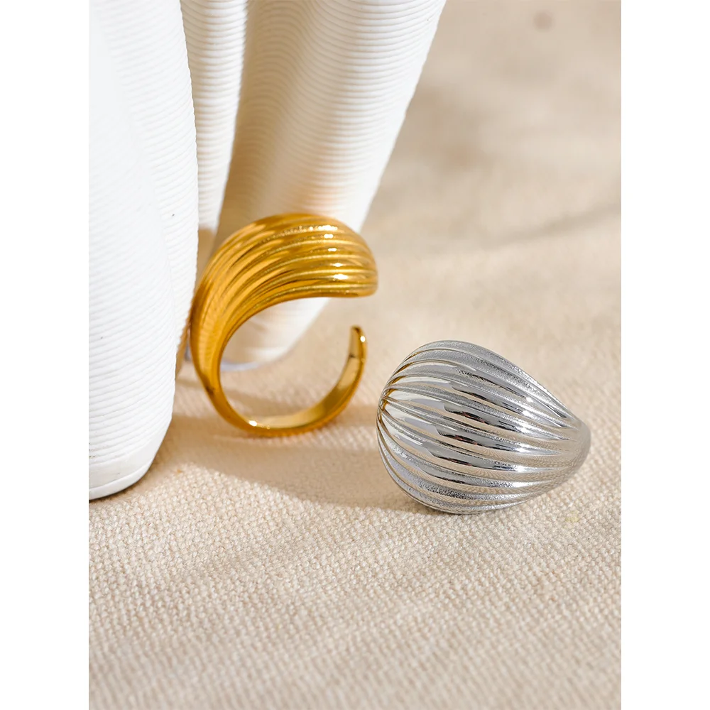 Yhpup 316l aço inoxidável listra geométrica moda anel aberto para mulheres textura de metal 18k banhado elegante jóias de alta qualidade