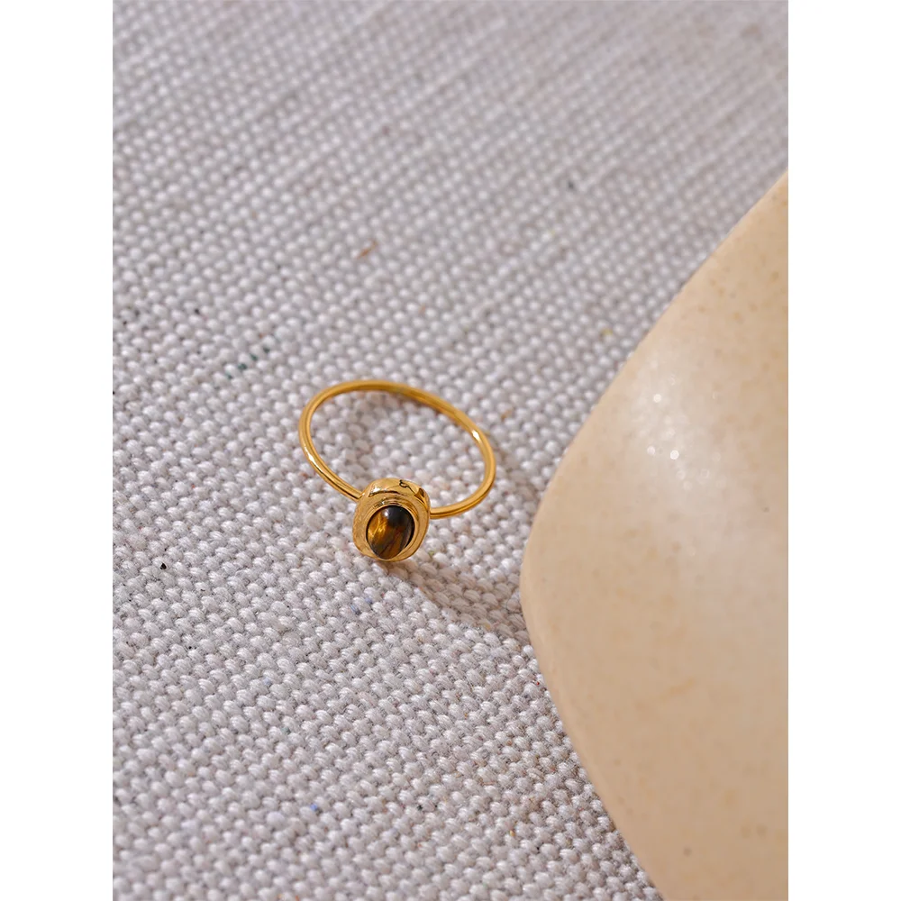 Yhpup-Anel Chique Oval Fino de Aço Inoxidável para Mulheres, Pedra Natural, Banhado a PVD 18K, Acessórios de Jóias Impermeáveis, Presente, 2024