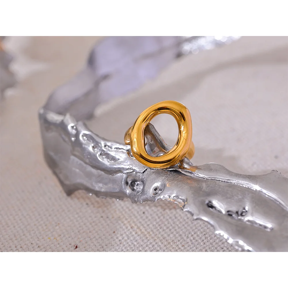 Yhpup criativo aço inoxidável geométrico oco dourado minimalista anel moda à prova dwaterproof água incomum na moda texturizada jóias