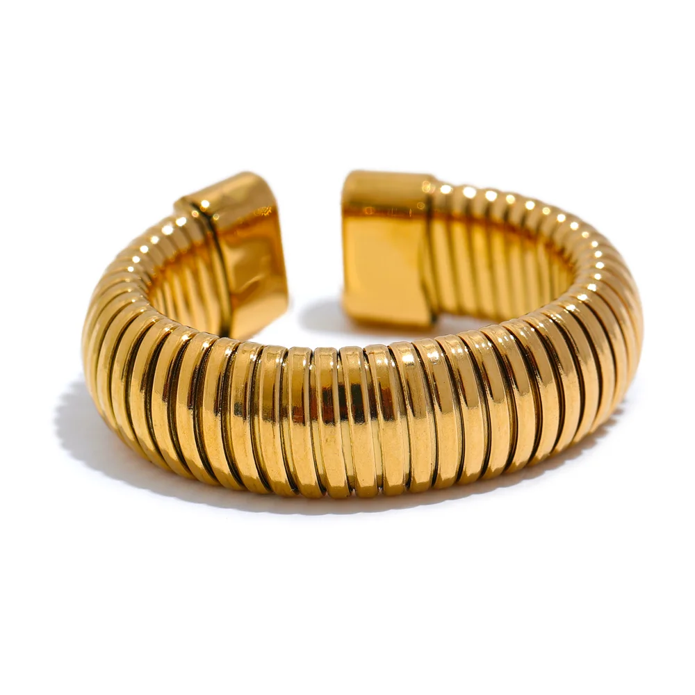 Yhpup moda aço inoxidável redondo elástico aberto anel minimalista 18k pvd banhado metal clássico textura jóias anillo bijoux