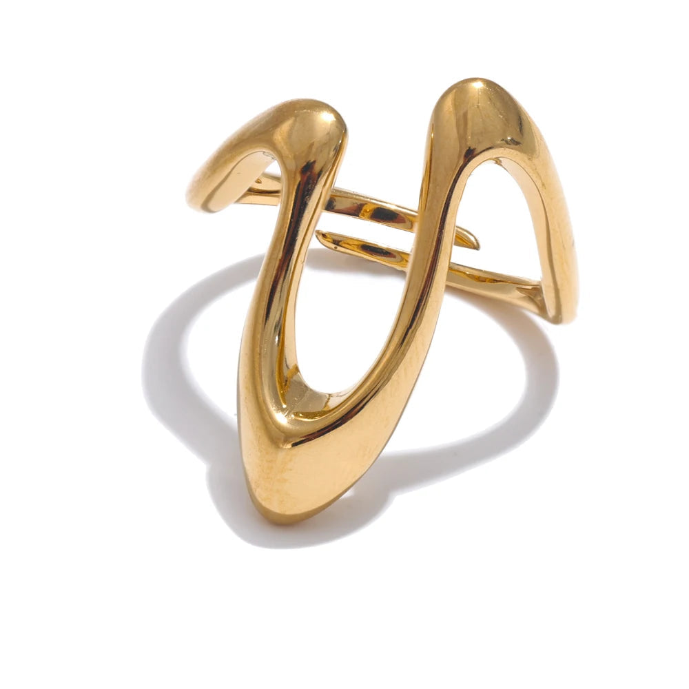 Yhpup-Anel Ajustável em Aço Inoxidável em U, Metal à Prova de Ferrugem, Real Banhado a Ouro, Moda Minimalista, Acessórios de Jóias