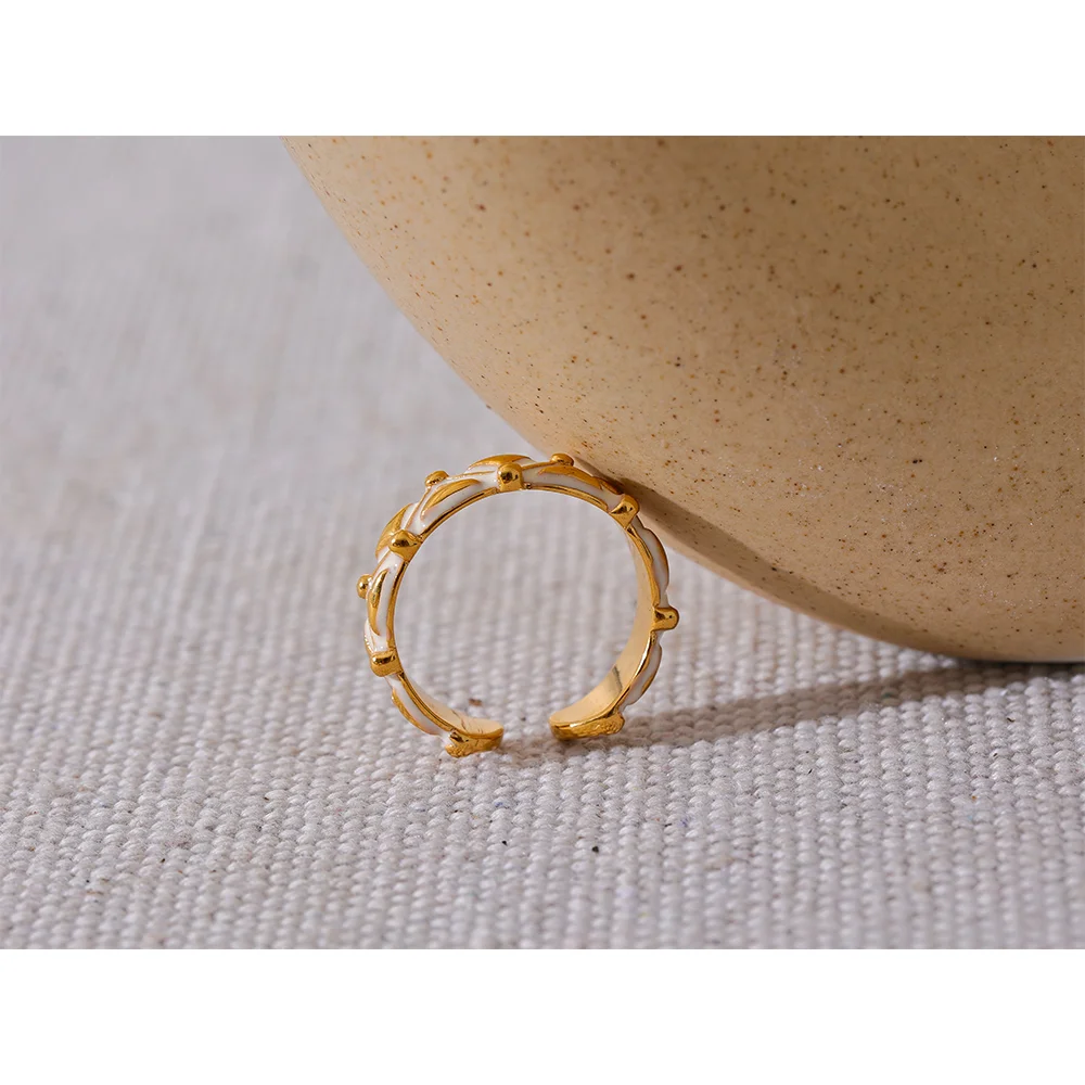Yhpup-Anel em Aço Inoxidável em Ouro Aberto para Mulheres, Esmalte Branco, Charme Requintado, Dedo Diário Da Moda, Presente Da Moda