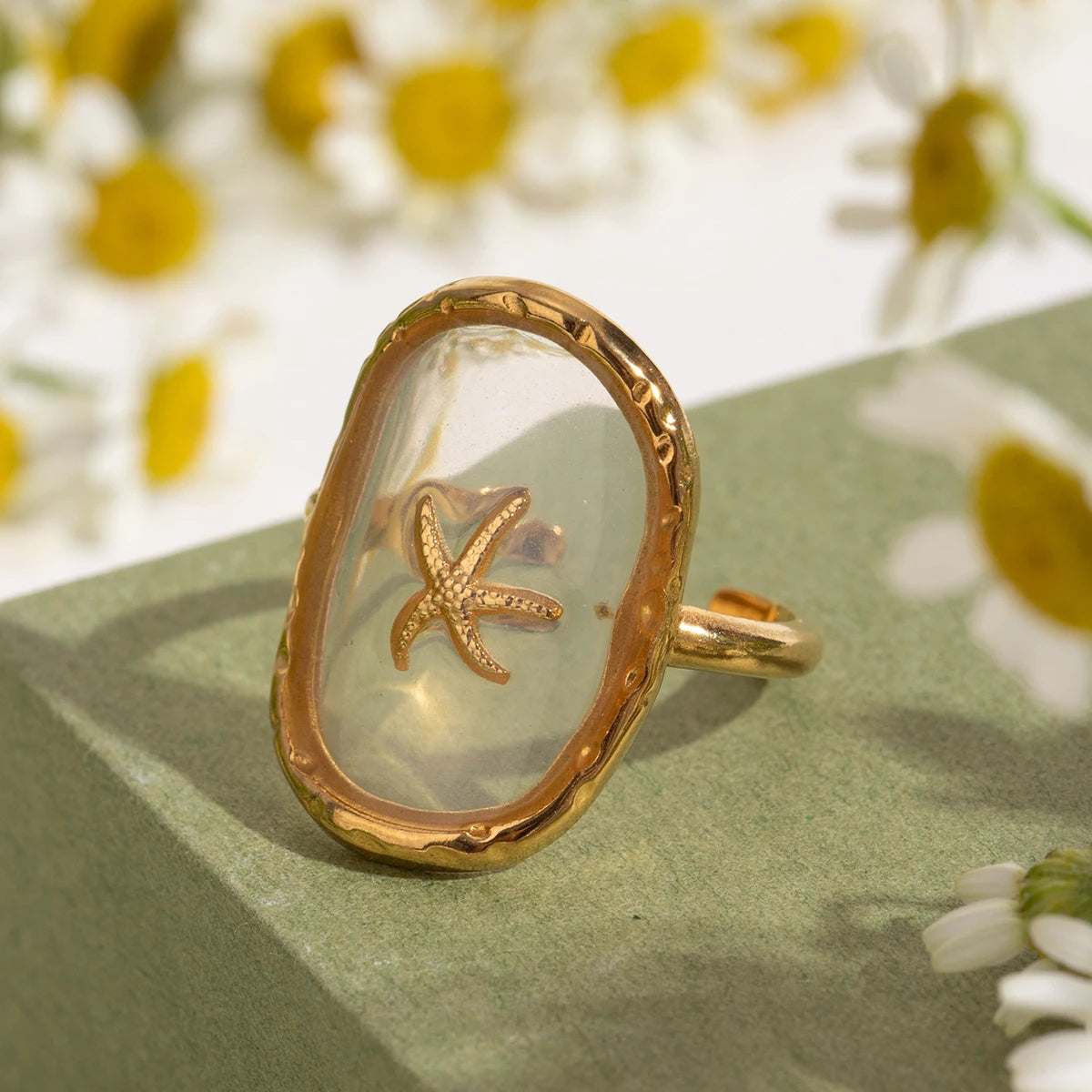 18k banhado a ouro oval starfish anel aberto para mulheres, aço inoxidável, padrão de martelo, oceano, vento, charme anti-alérgico, jóias diárias
