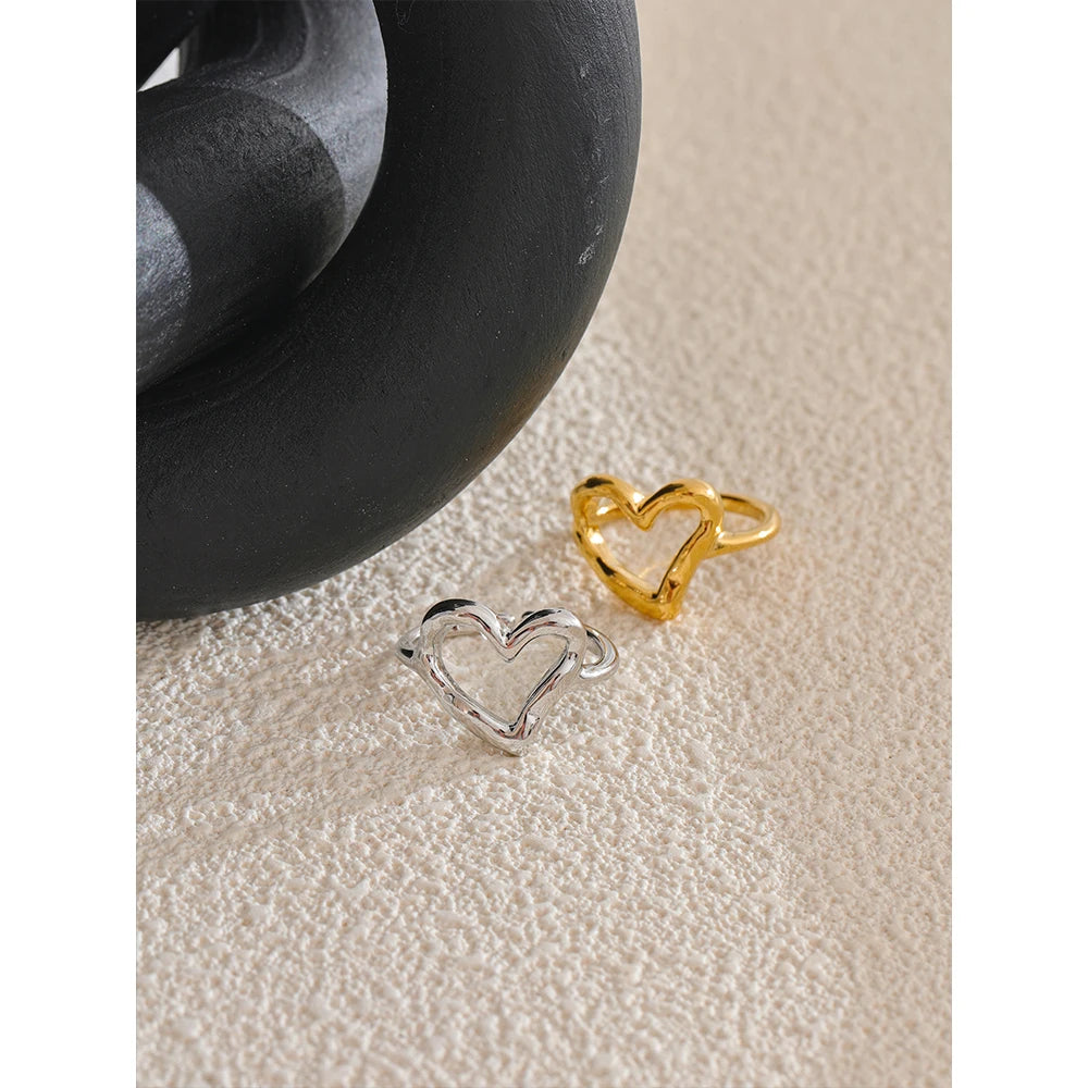 Yhpup minimalista aço inoxidável coração amor oco anel ajustável feminino à prova de ferrugem charme dedo jóias atacado bijoux