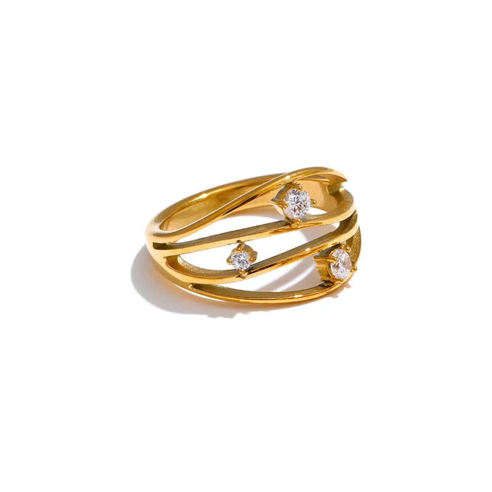 Yhpup 2 estilos de aço inoxidável fundido de metal oco incrustado zircônia cúbica anel fashion 18k banhado a ouro PVD joias de dedo da moda