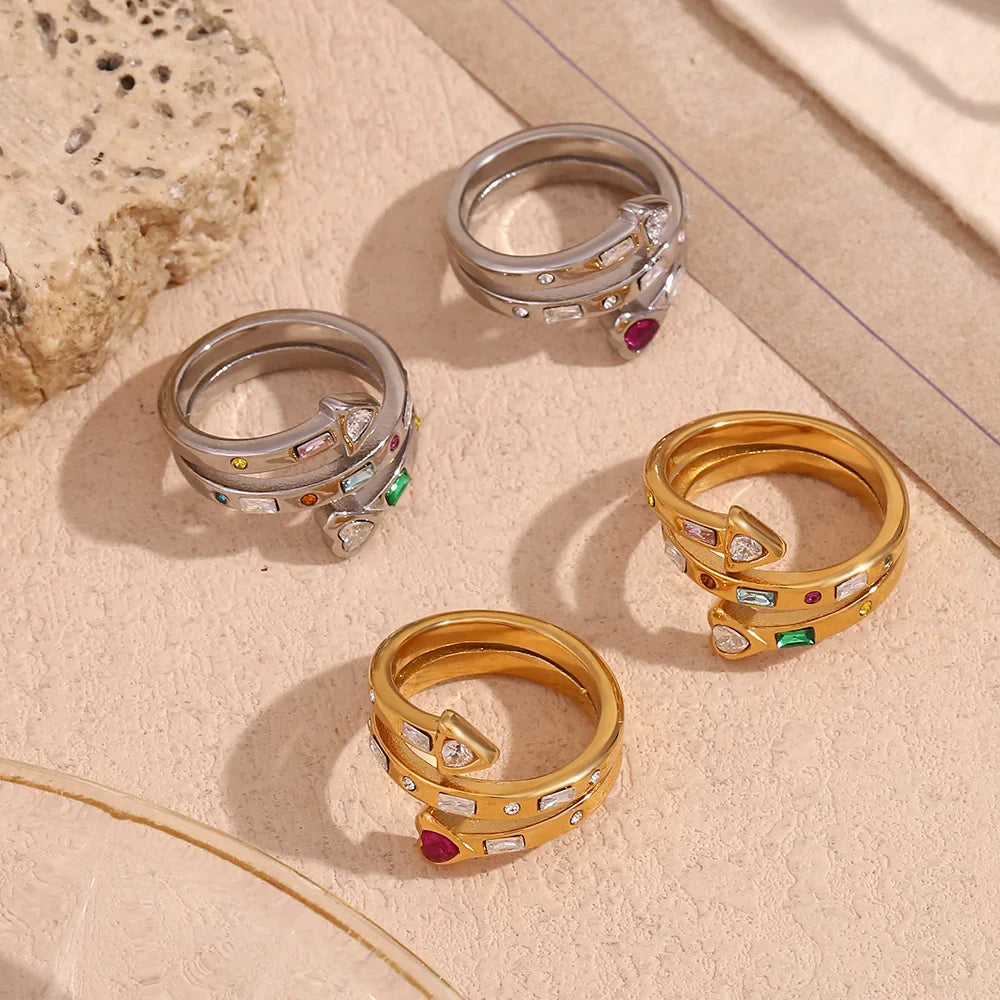 E.B. Belle-Three Layer Coração e Seta Zircon Anel Aberto, Jóias em Aço Inoxidável 316L, Acessórios Banhados a Ouro 18K