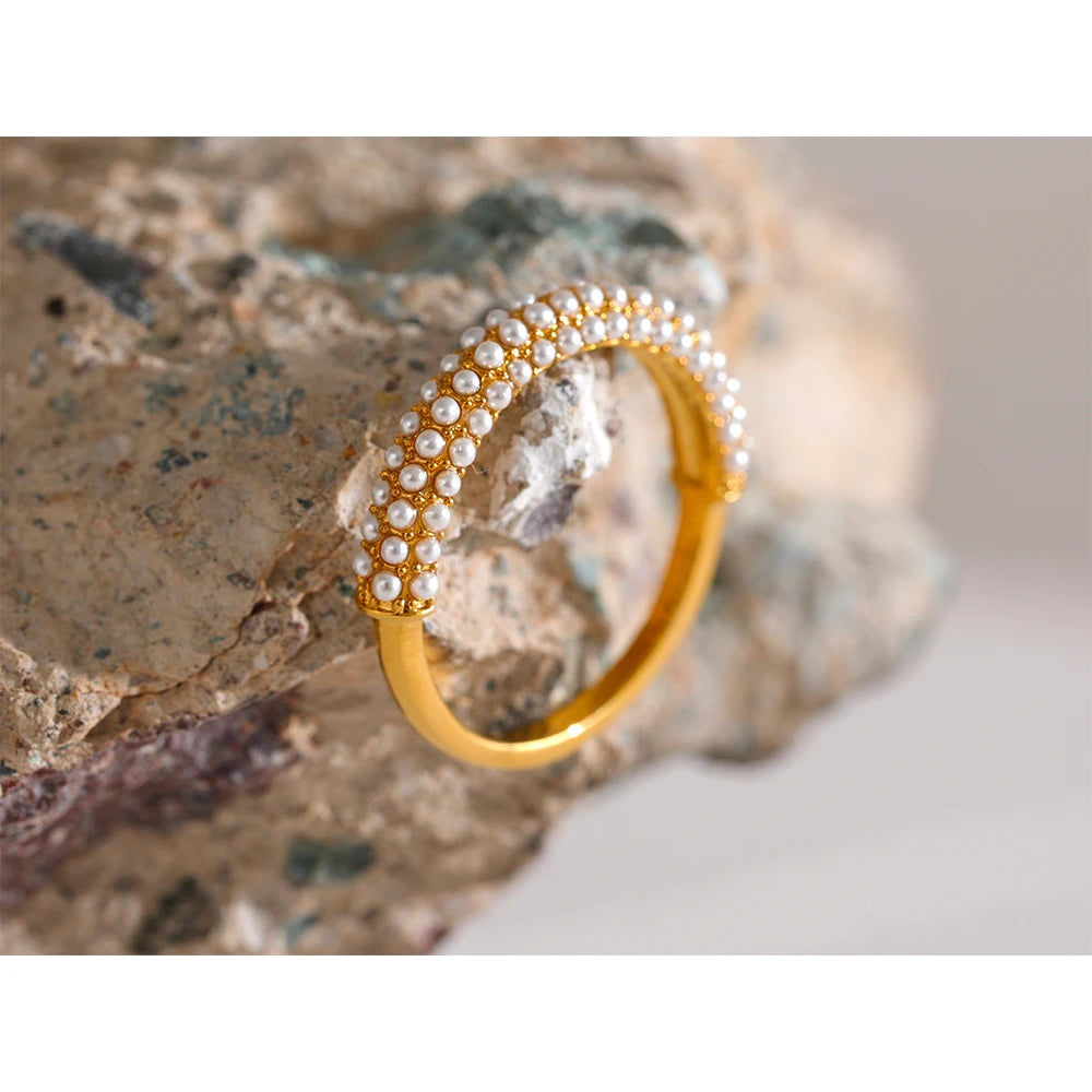 Yhpup-Anel elegante de pérolas para mulheres, amuleto de aço inoxidável, banhado a ouro 18k, impermeável, moda moderna, joias românticas