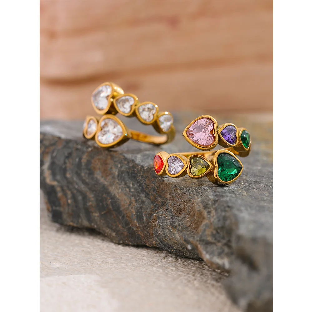 Yhpup-Delicado Cubic Zirconia Coração Aberto Anel, Aço Inoxidável, Cor Dourada, Moda Ajustável, Chic Charme Jóias, Alta Qualidade
