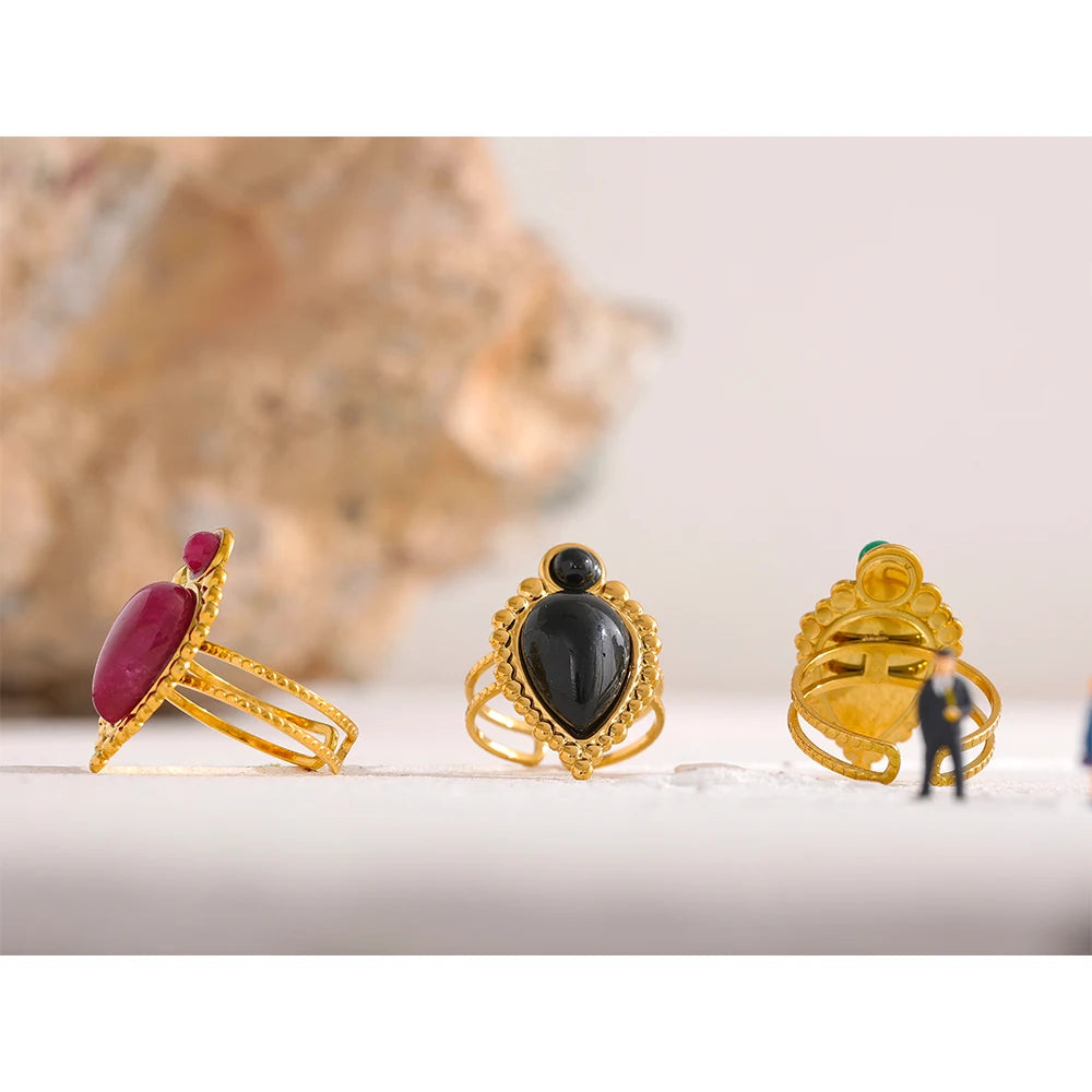 Yhpup-Anel Aberto de Aço Inoxidável para Mulheres, Pedra Natural, Ágata Artificial, Banhado a Ouro 18K, Jóias Moda Impermeável