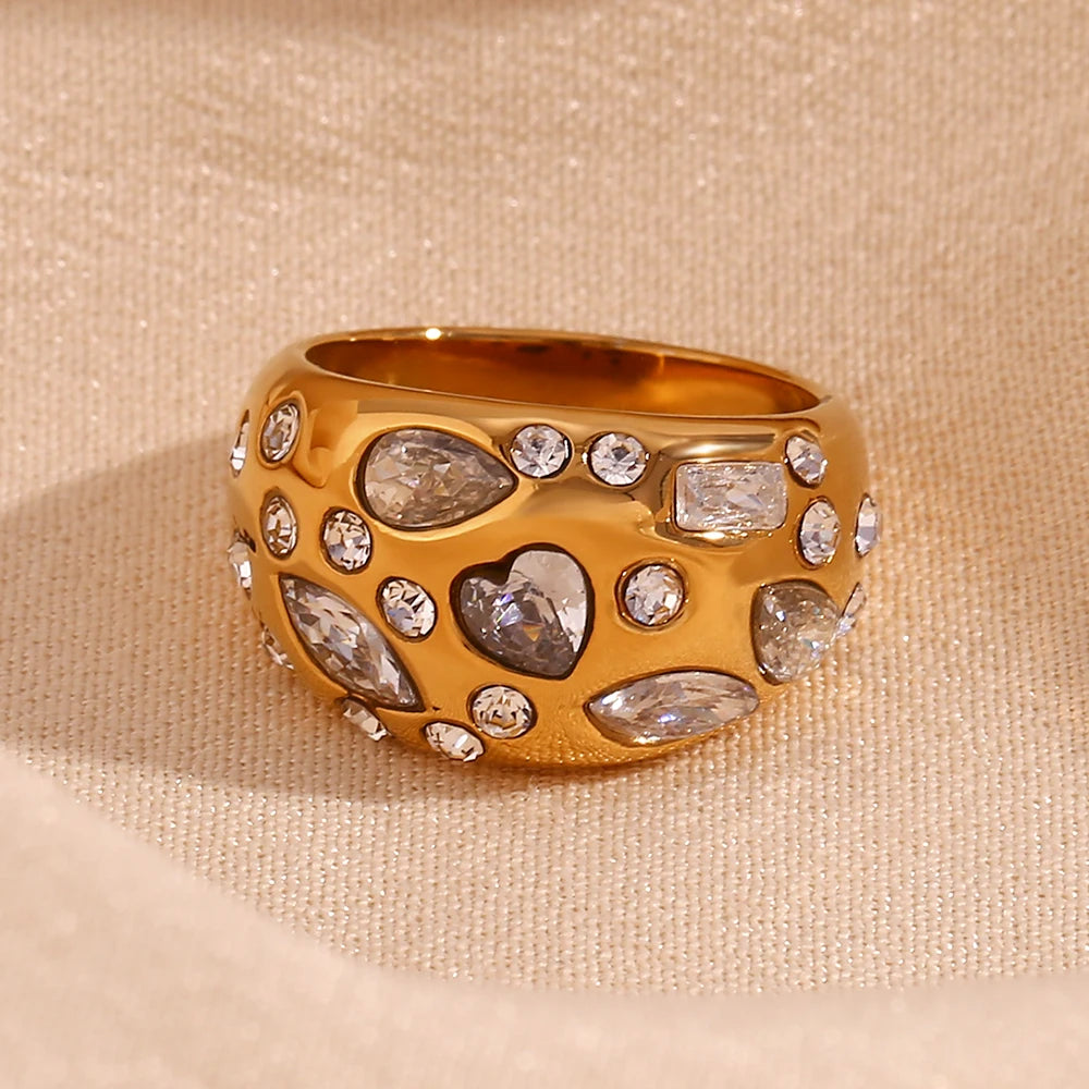 Anel de cúpula de strass para mulheres, olho de cavalo, coração, zircão hipoalergênico, banhado a ouro 18k, aço inoxidável 316L, decoração