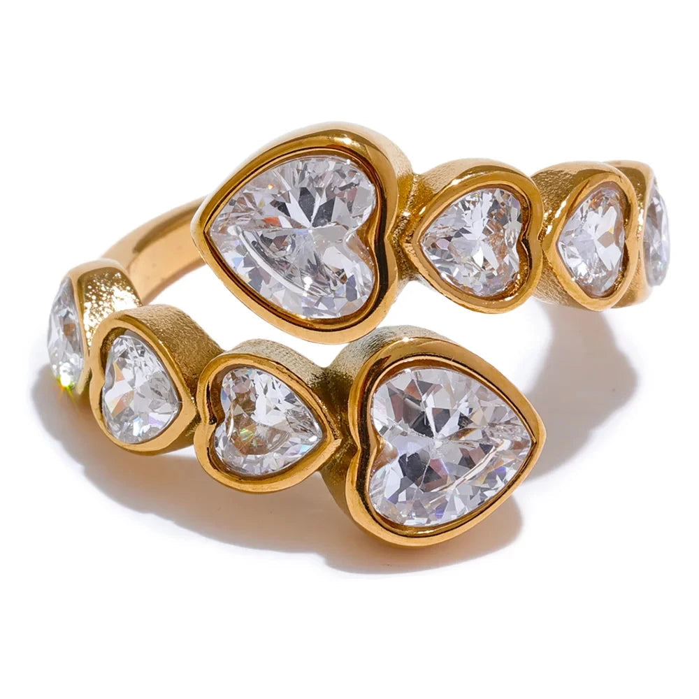Yhpup-Delicado Cubic Zirconia Coração Aberto Anel, Aço Inoxidável, Cor Dourada, Moda Ajustável, Chic Charme Jóias, Alta Qualidade