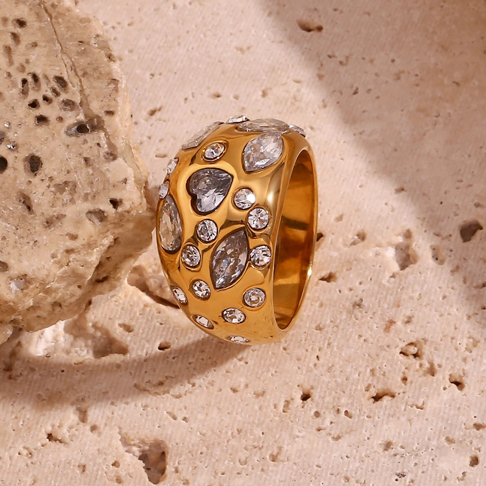 Anel de cúpula de strass para mulheres, olho de cavalo, coração, zircão hipoalergênico, banhado a ouro 18k, aço inoxidável 316L, decoração