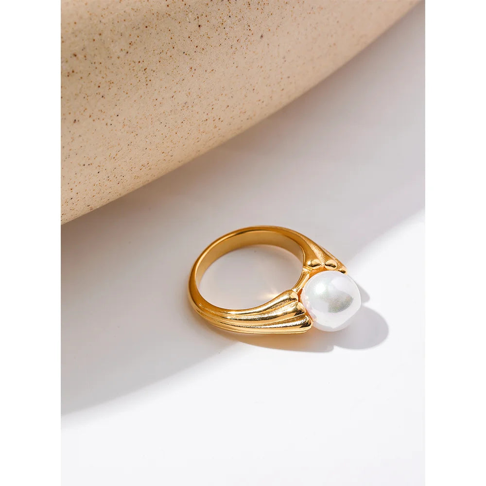 Yhpup-Anel de Pérola de Aço Inoxidável para Mulheres, Amuleto de Ouro 18k, Joia Vintage Elegante, Presente de Gala