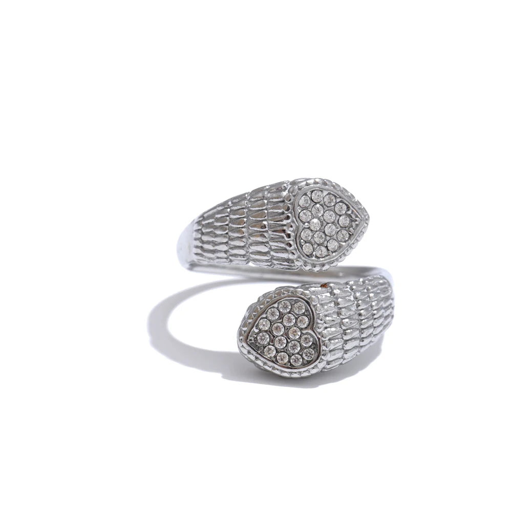 Yhpup elegante anel ajustável de aço inoxidável com zircônia coração cobra para mulheres joias banhadas a PVD 18K novo