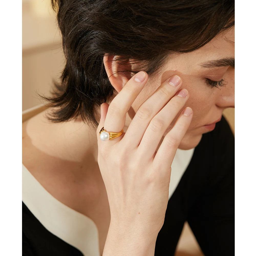 Yhpup-Anel de Pérola de Aço Inoxidável para Mulheres, Amuleto de Ouro 18k, Joia Vintage Elegante, Presente de Gala