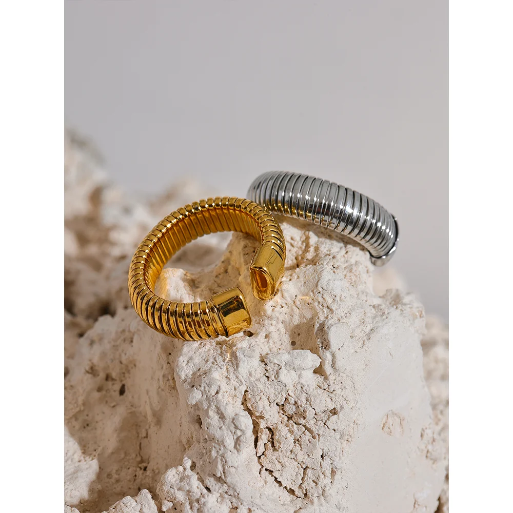 Yhpup moda aço inoxidável redondo elástico aberto anel minimalista 18k pvd banhado metal clássico textura jóias anillo bijoux