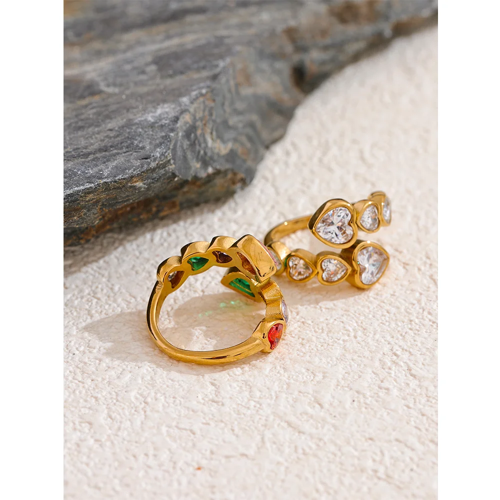Yhpup-Delicado Cubic Zirconia Coração Aberto Anel, Aço Inoxidável, Cor Dourada, Moda Ajustável, Chic Charme Jóias, Alta Qualidade