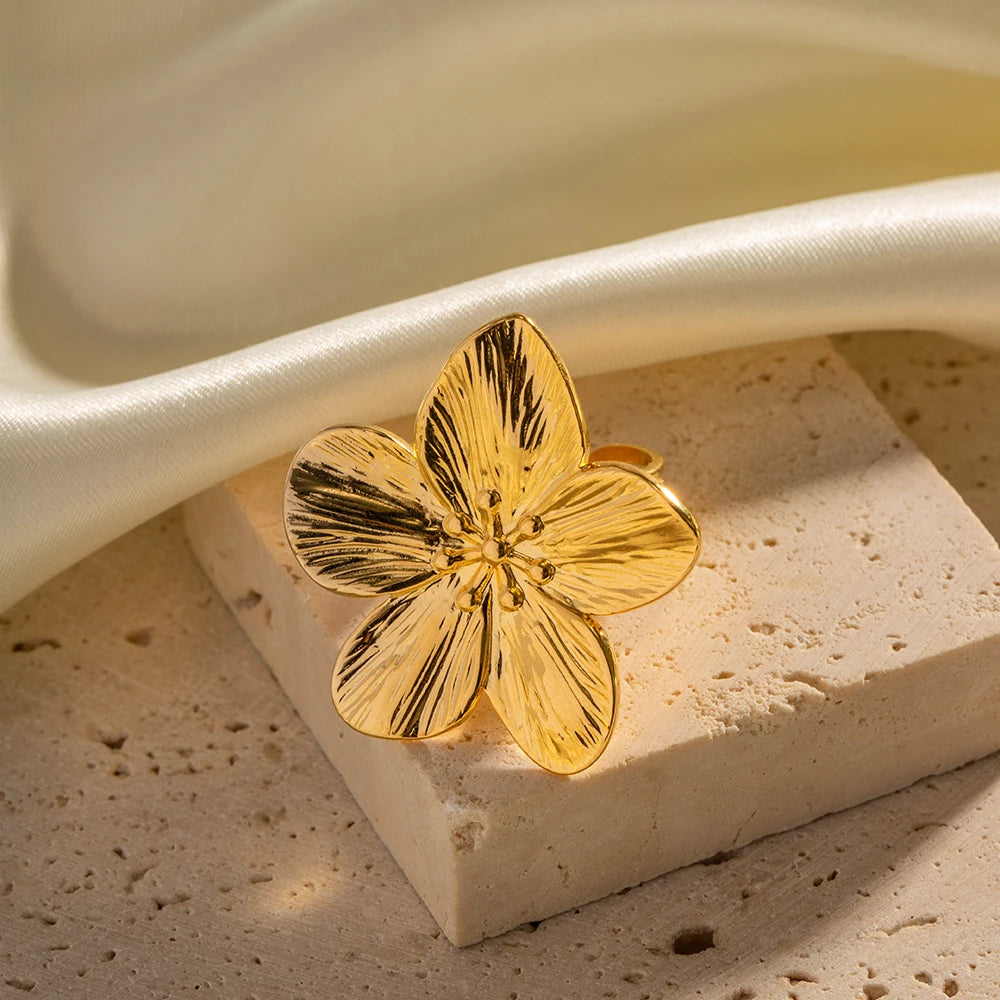 Uworld-anel aberto grande impermeável para mulheres, flor de aço inoxidável, cor de ouro 18k, moda moderna, jóias estilo verão, festa