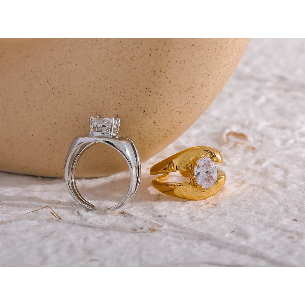 Yhpup delicado bling zircônia cúbica aço inoxidável ampla geométrica moda anel textura pvd banhado à prova dwaterproof água jóias presente