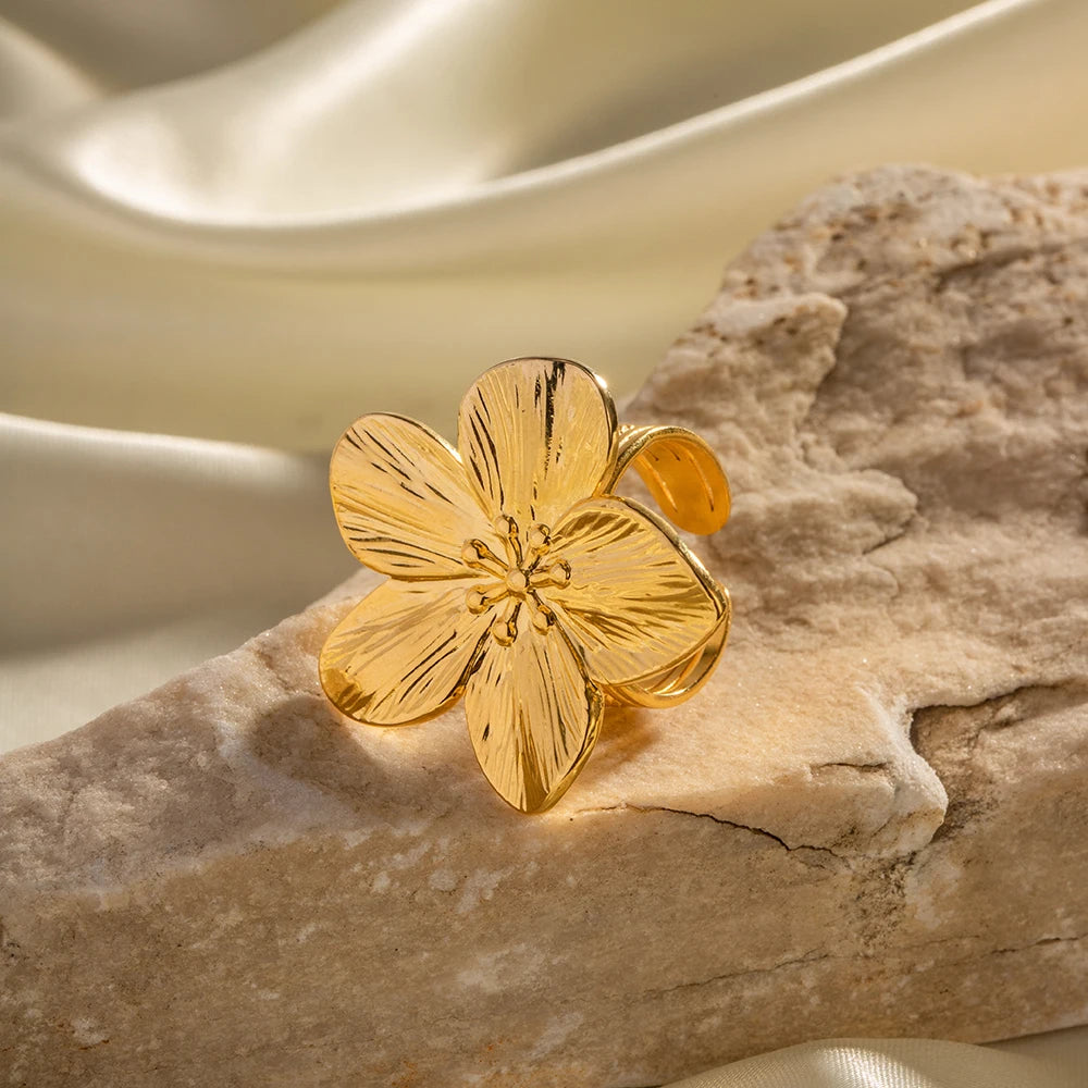 Uworld-anel aberto grande impermeável para mulheres, flor de aço inoxidável, cor de ouro 18k, moda moderna, jóias estilo verão, festa
