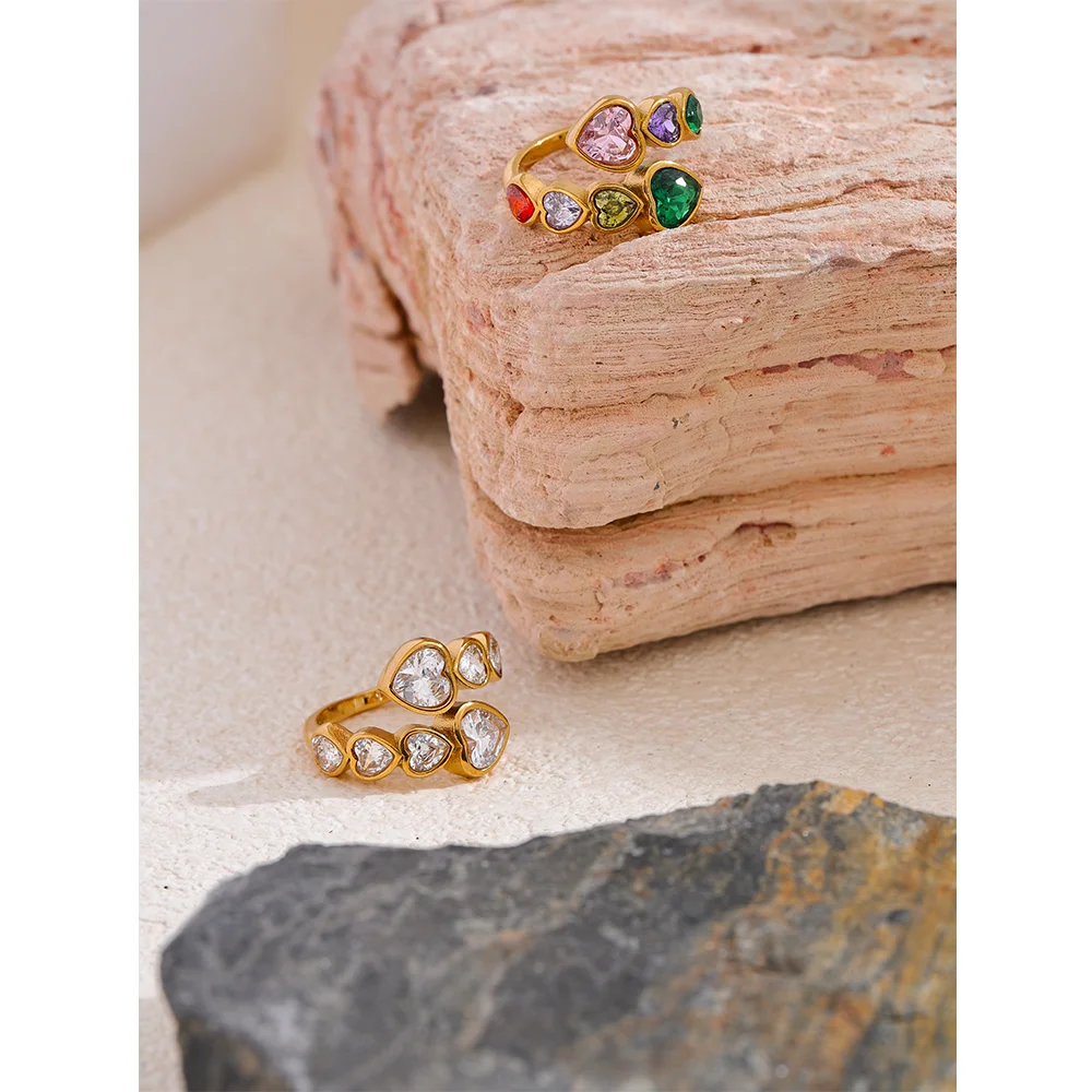 Yhpup-Delicado Cubic Zirconia Coração Aberto Anel, Aço Inoxidável, Cor Dourada, Moda Ajustável, Chic Charme Jóias, Alta Qualidade