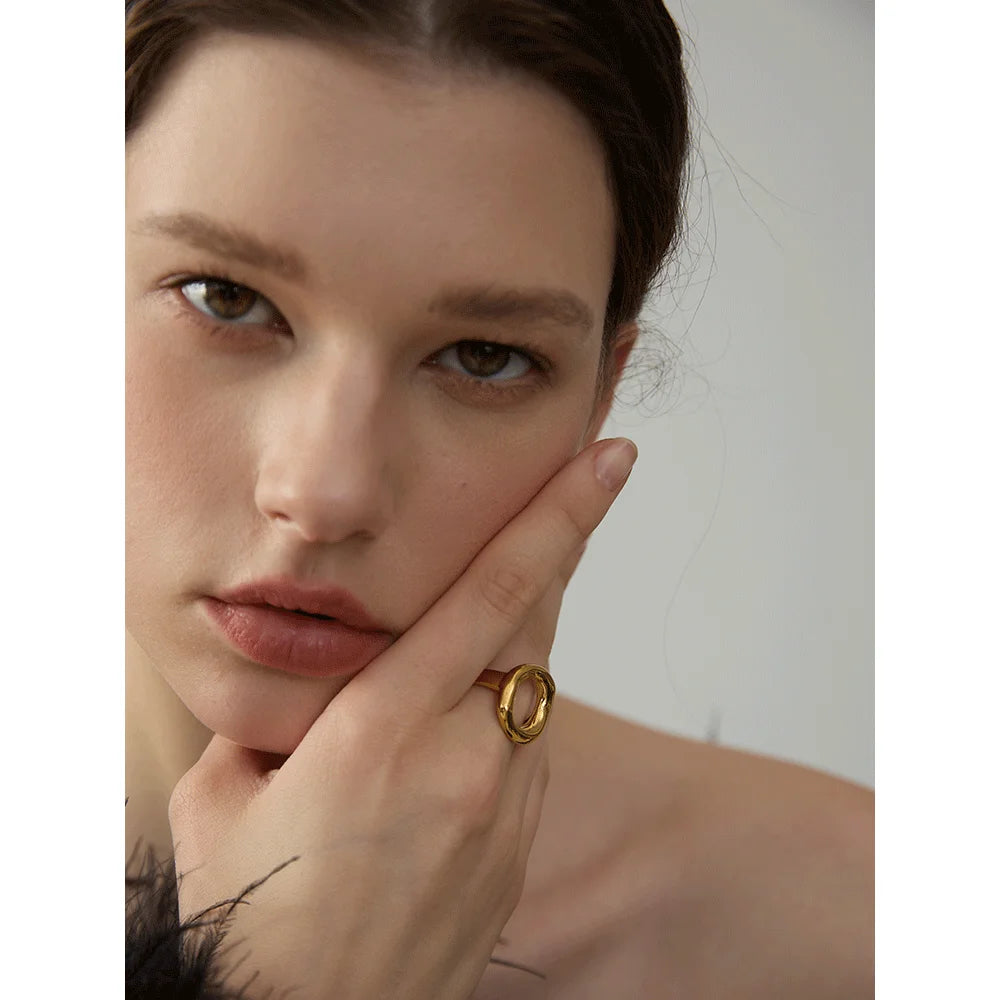 Yhpup criativo aço inoxidável geométrico oco dourado minimalista anel moda à prova dwaterproof água incomum na moda texturizada jóias