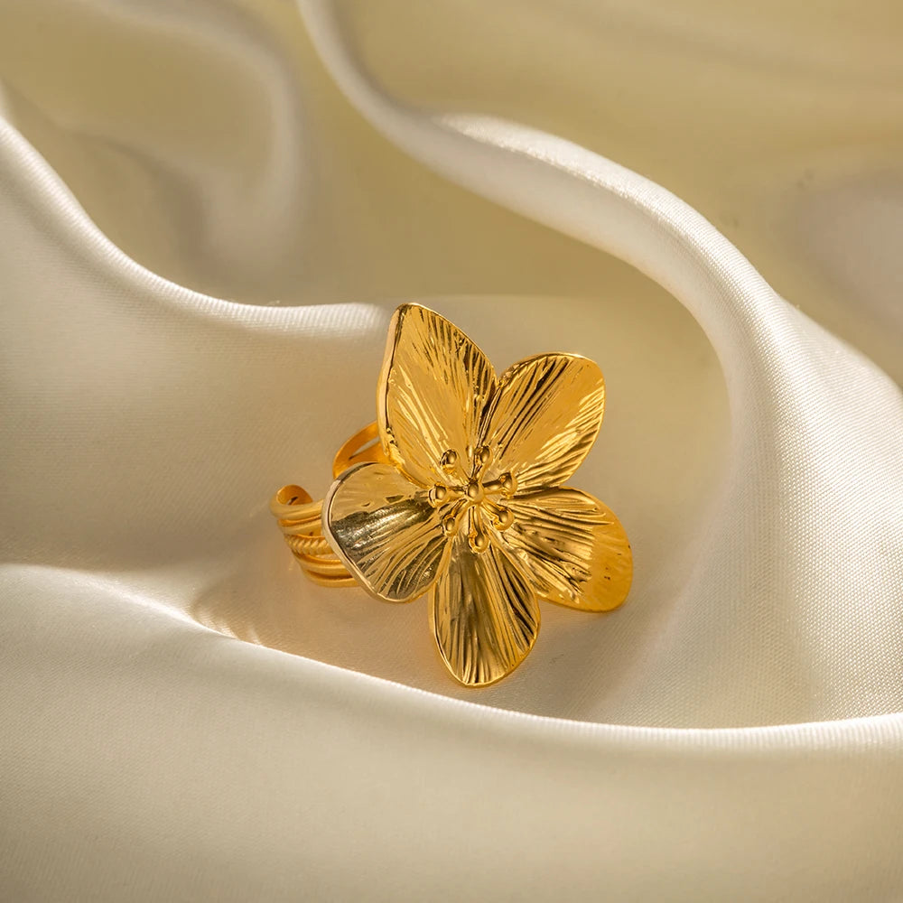 Uworld-anel aberto grande impermeável para mulheres, flor de aço inoxidável, cor de ouro 18k, moda moderna, jóias estilo verão, festa