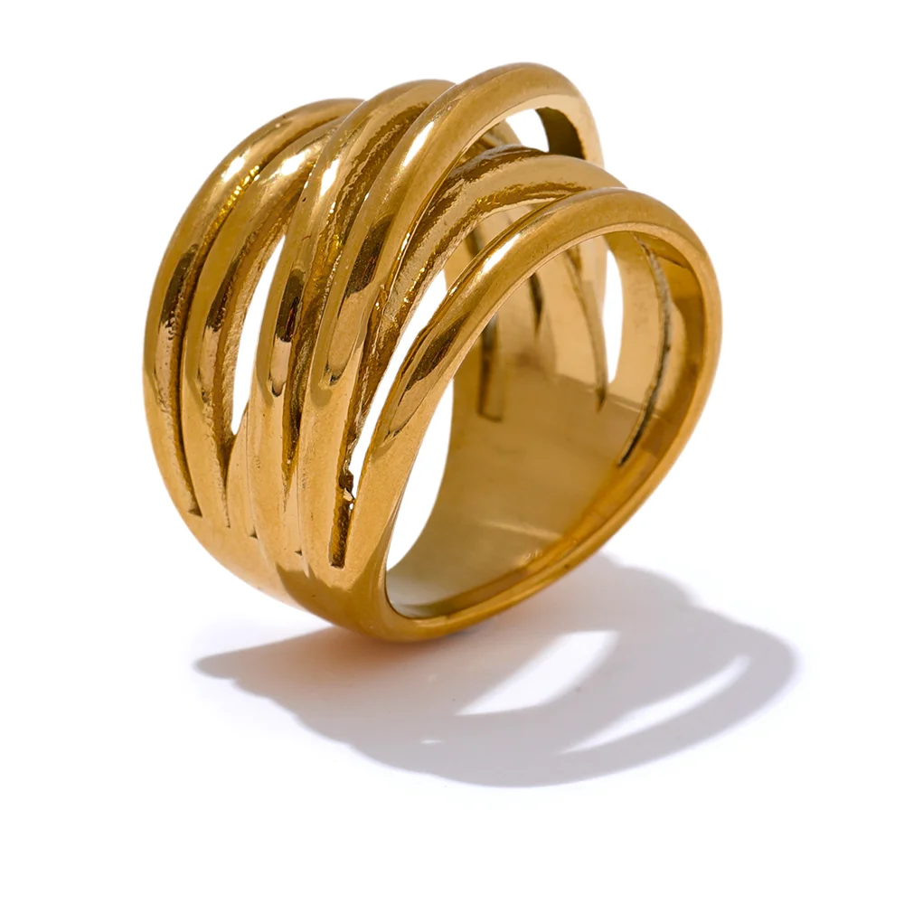 Yhpup-Anel Largo Geométrico com 18K Banhado a PVD, Aço Inoxidável, Charme da Cor do Ouro, Jóias Declaração na Moda, Metal
