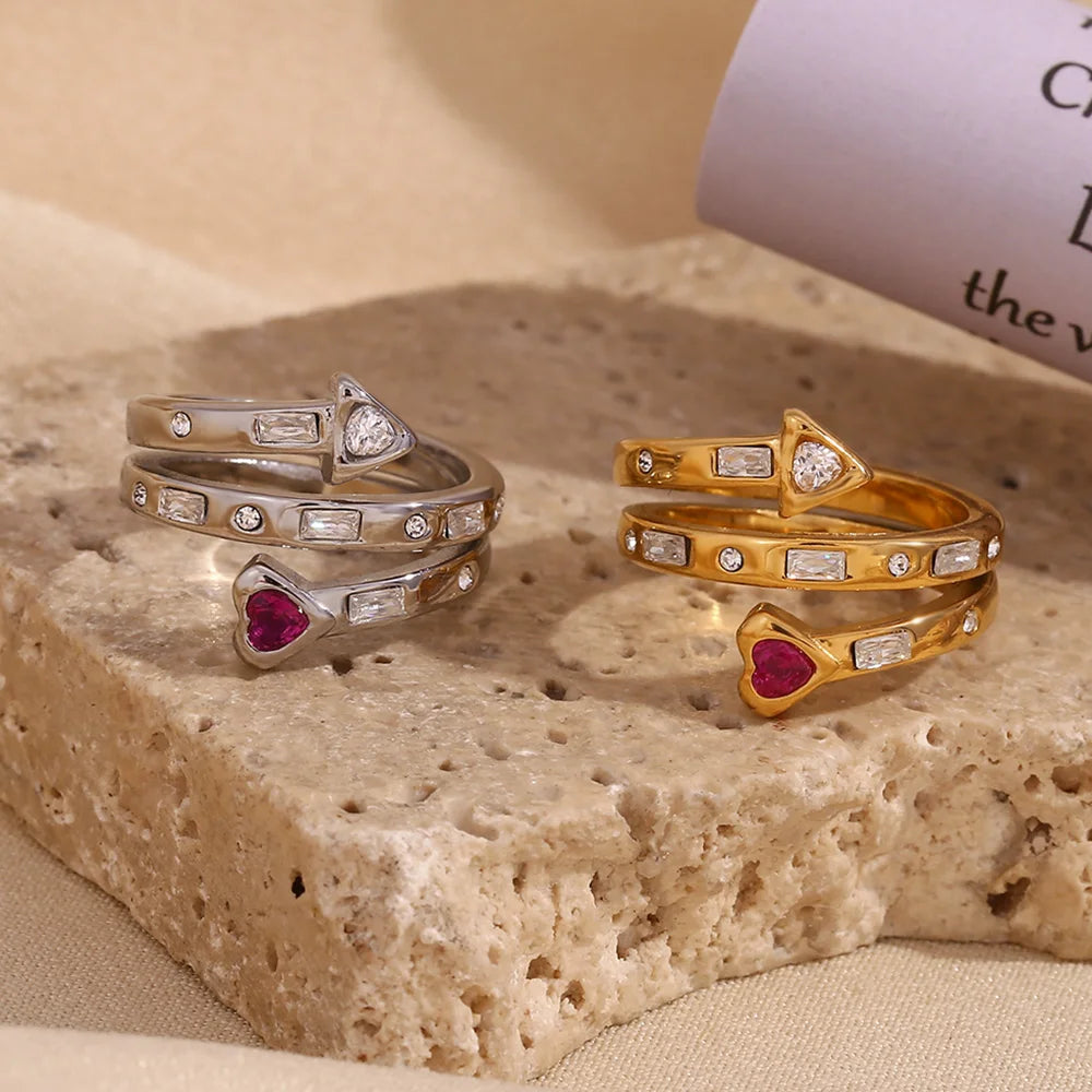 E.B. Belle-Three Layer Coração e Seta Zircon Anel Aberto, Jóias em Aço Inoxidável 316L, Acessórios Banhados a Ouro 18K
