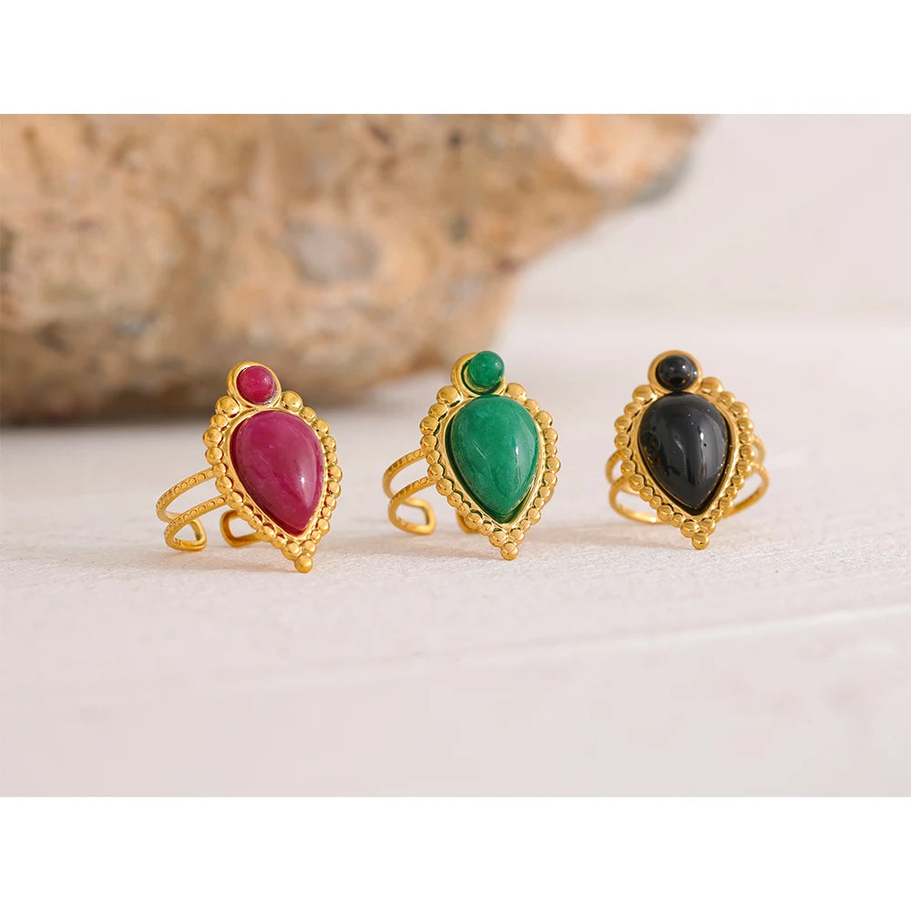 Yhpup-Anel Aberto de Aço Inoxidável para Mulheres, Pedra Natural, Ágata Artificial, Banhado a Ouro 18K, Jóias Moda Impermeável