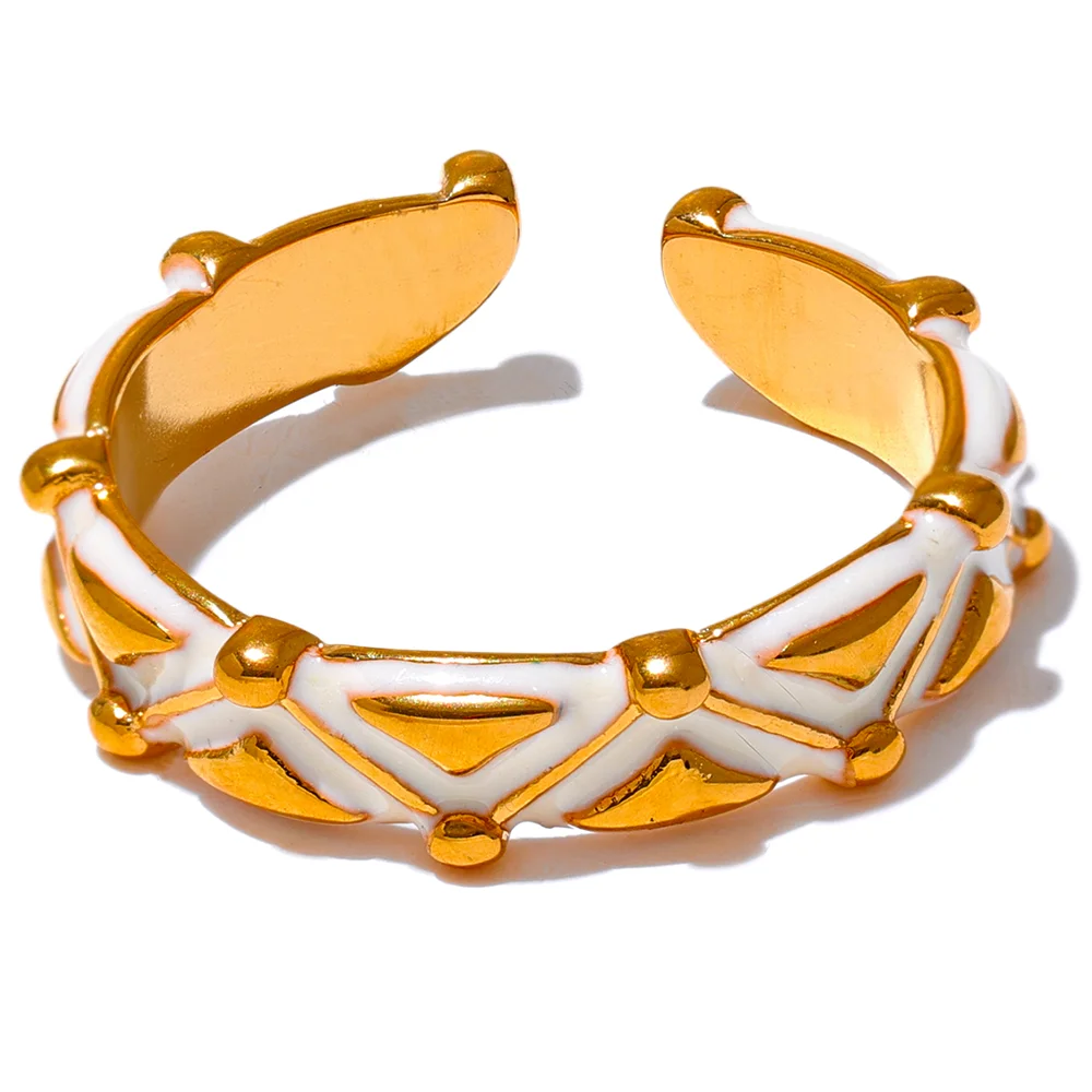 Yhpup-Anel em Aço Inoxidável em Ouro Aberto para Mulheres, Esmalte Branco, Charme Requintado, Dedo Diário Da Moda, Presente Da Moda