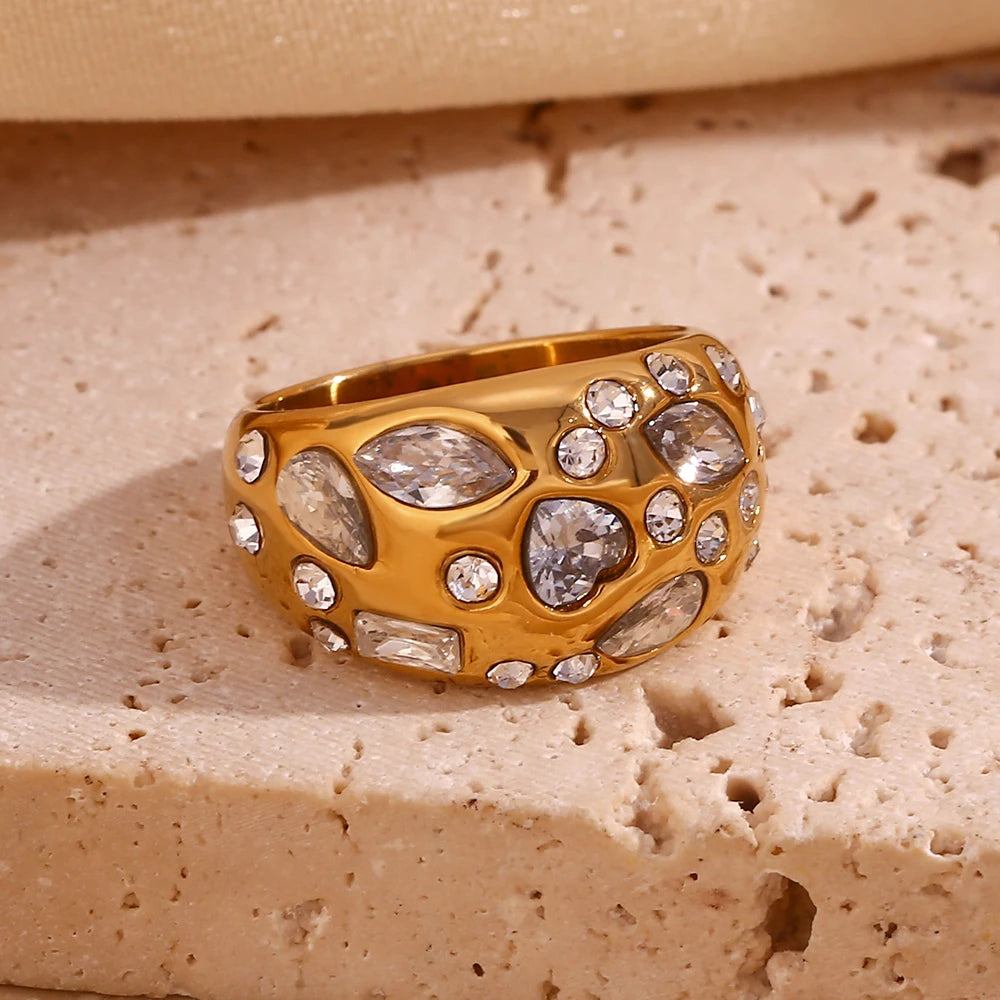 Anel de cúpula de strass para mulheres, olho de cavalo, coração, zircão hipoalergênico, banhado a ouro 18k, aço inoxidável 316L, decoração