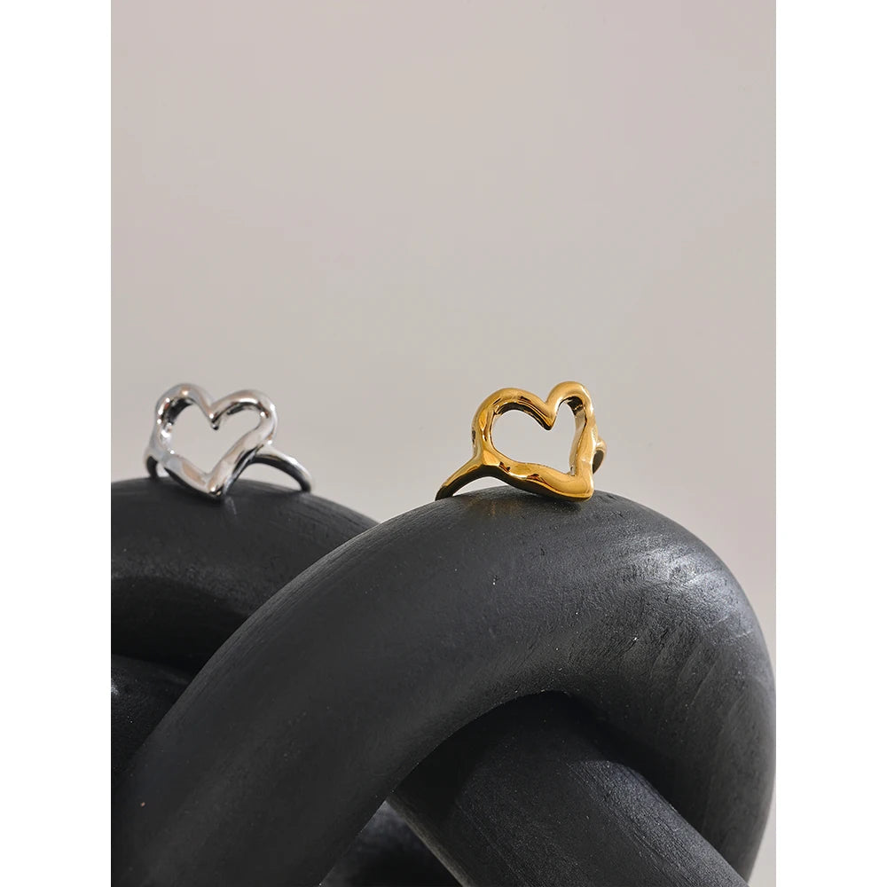 Yhpup minimalista aço inoxidável coração amor oco anel ajustável feminino à prova de ferrugem charme dedo jóias atacado bijoux
