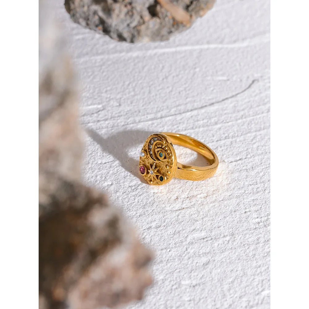 Anel com Símbolos Banhado a Ouro 18k