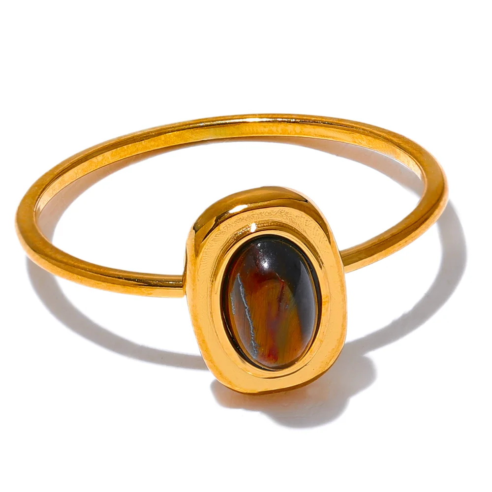 Yhpup-Anel Chique Oval Fino de Aço Inoxidável para Mulheres, Pedra Natural, Banhado a PVD 18K, Acessórios de Jóias Impermeáveis, Presente, 2024