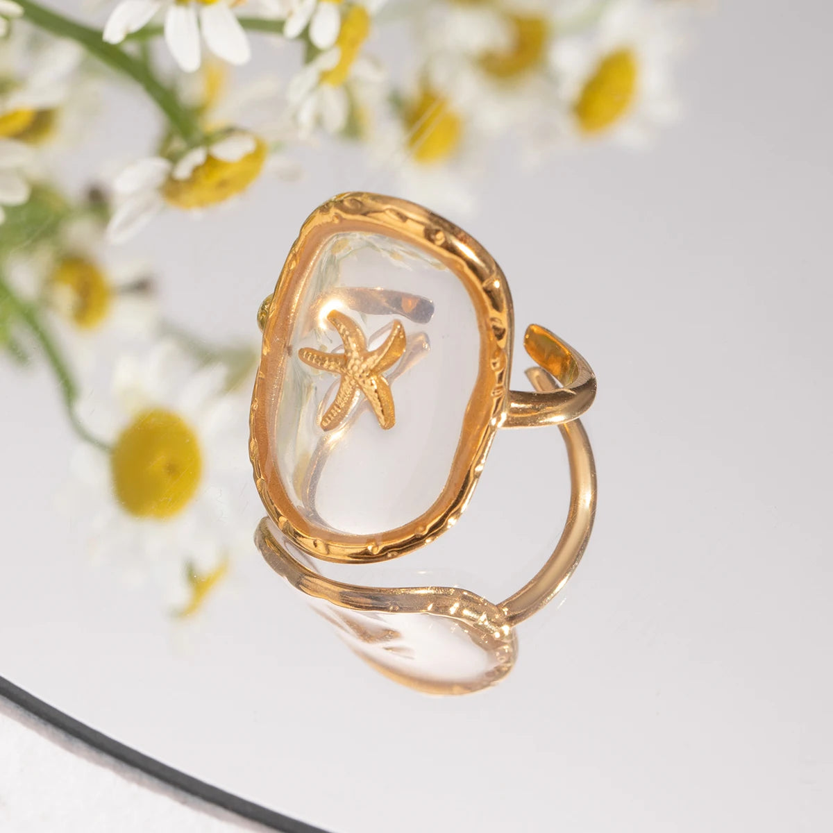 18k banhado a ouro oval starfish anel aberto para mulheres, aço inoxidável, padrão de martelo, oceano, vento, charme anti-alérgico, jóias diárias