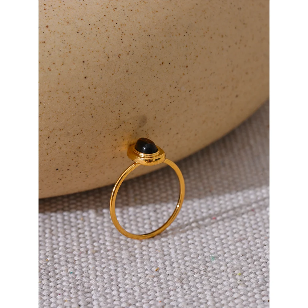 Yhpup-Anel Chique Oval Fino de Aço Inoxidável para Mulheres, Pedra Natural, Banhado a PVD 18K, Acessórios de Jóias Impermeáveis, Presente, 2024